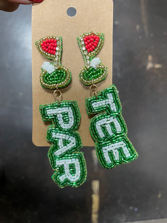 Dangle beaded earrings with "PAR" & "TEE" in green and white beading featuring a golf flag beaded stud.