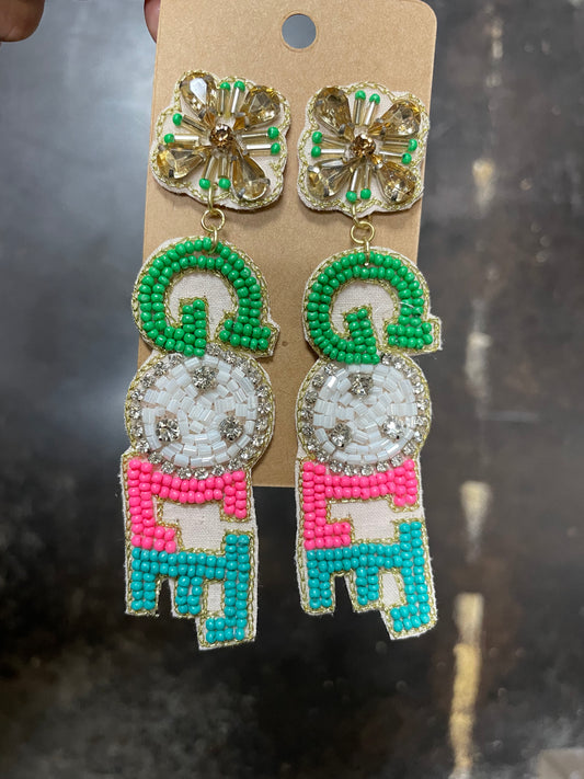 Beaded dangle earrings with jewel flower stud featuring "GOLF" in green, white, pink, and blue beading.