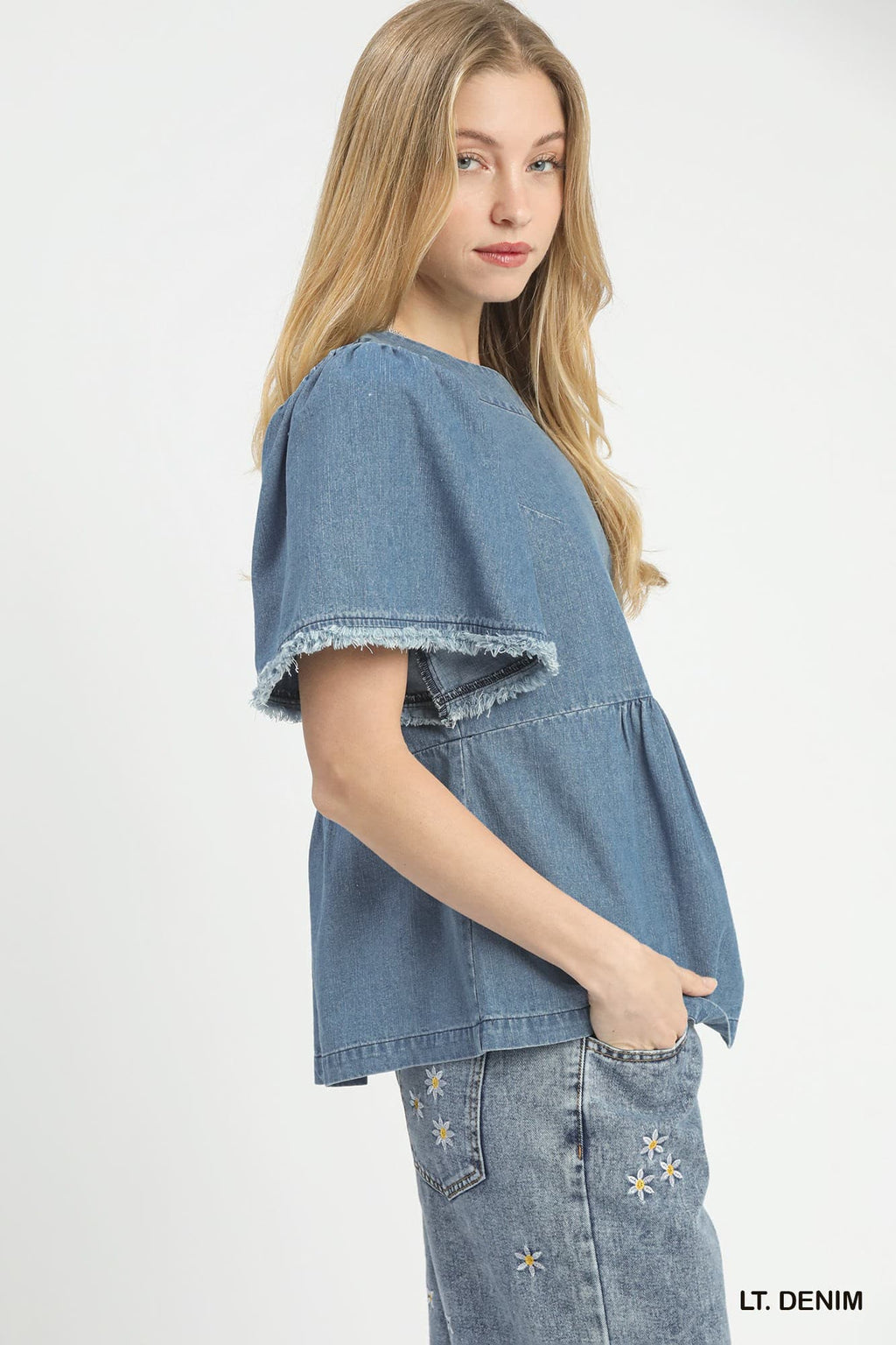 Stone Wash Frayed Peplum Top