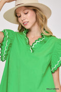 Scallop Trim Ruffle Sleeve Top
