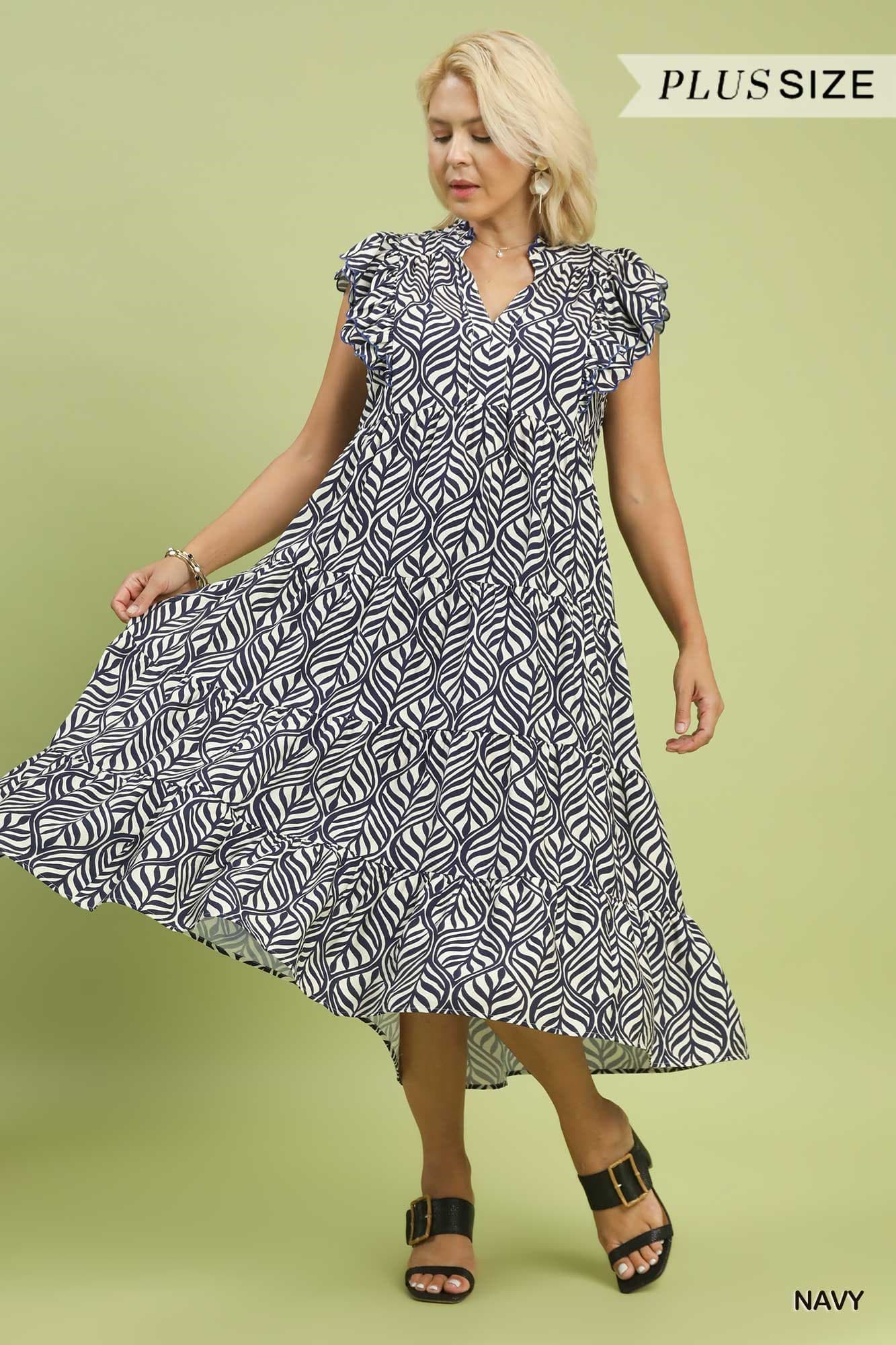 Leaf Print Tiered Midi Dress