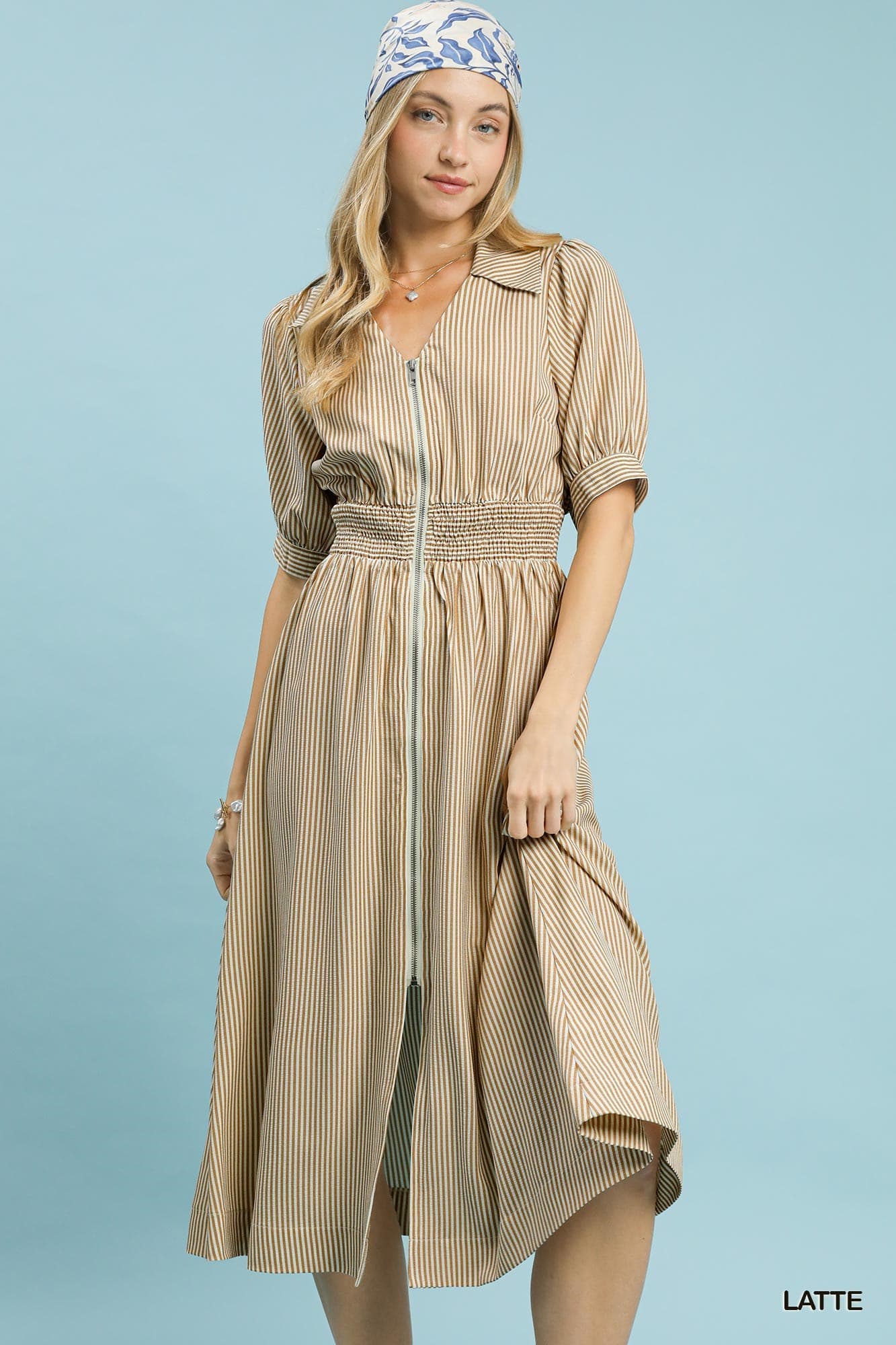 Striped Midi Dress with Front Zipper