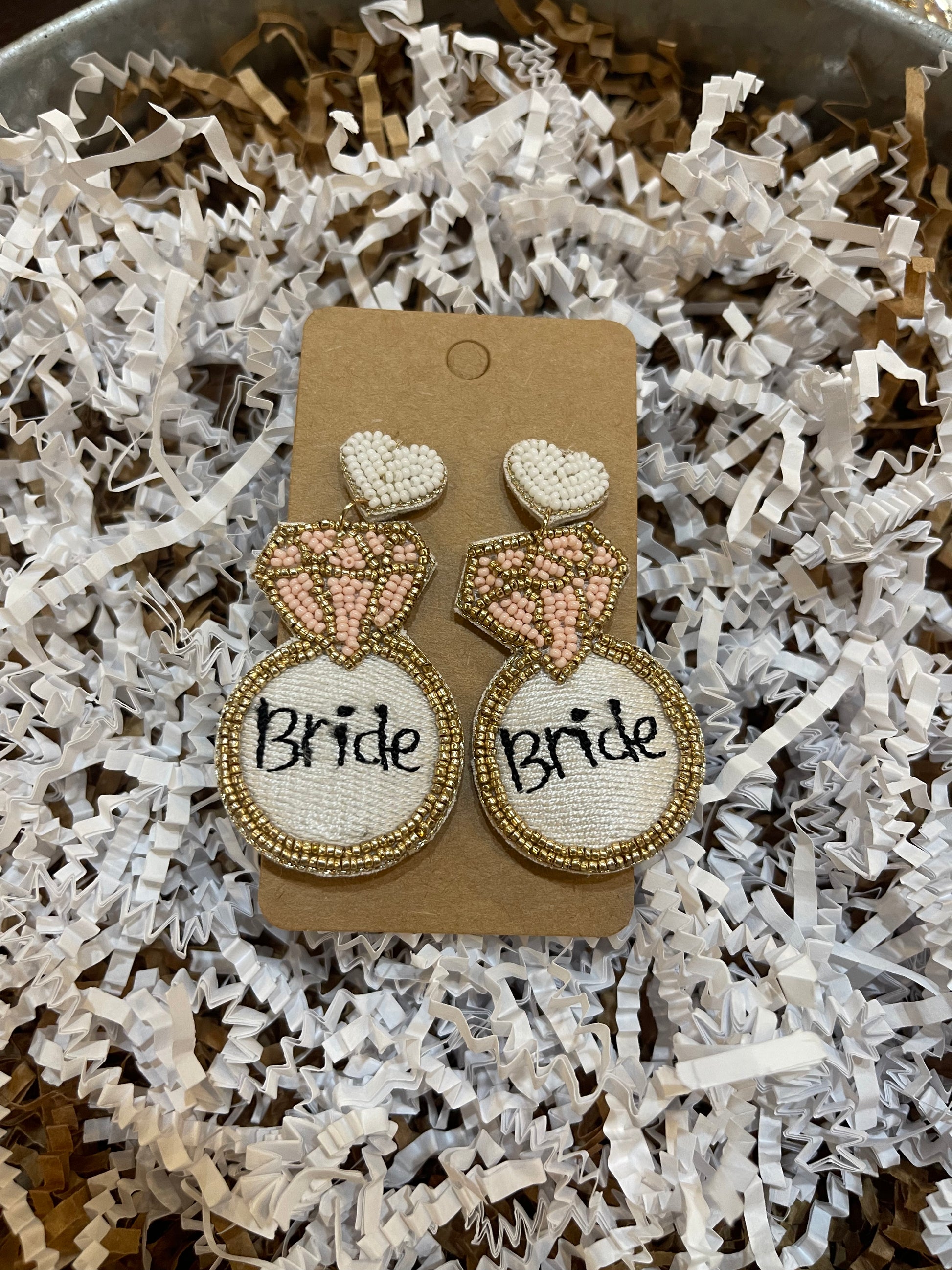 3 tiered earring with white beaded heart stud, beaded diamond and beaded "Bride".