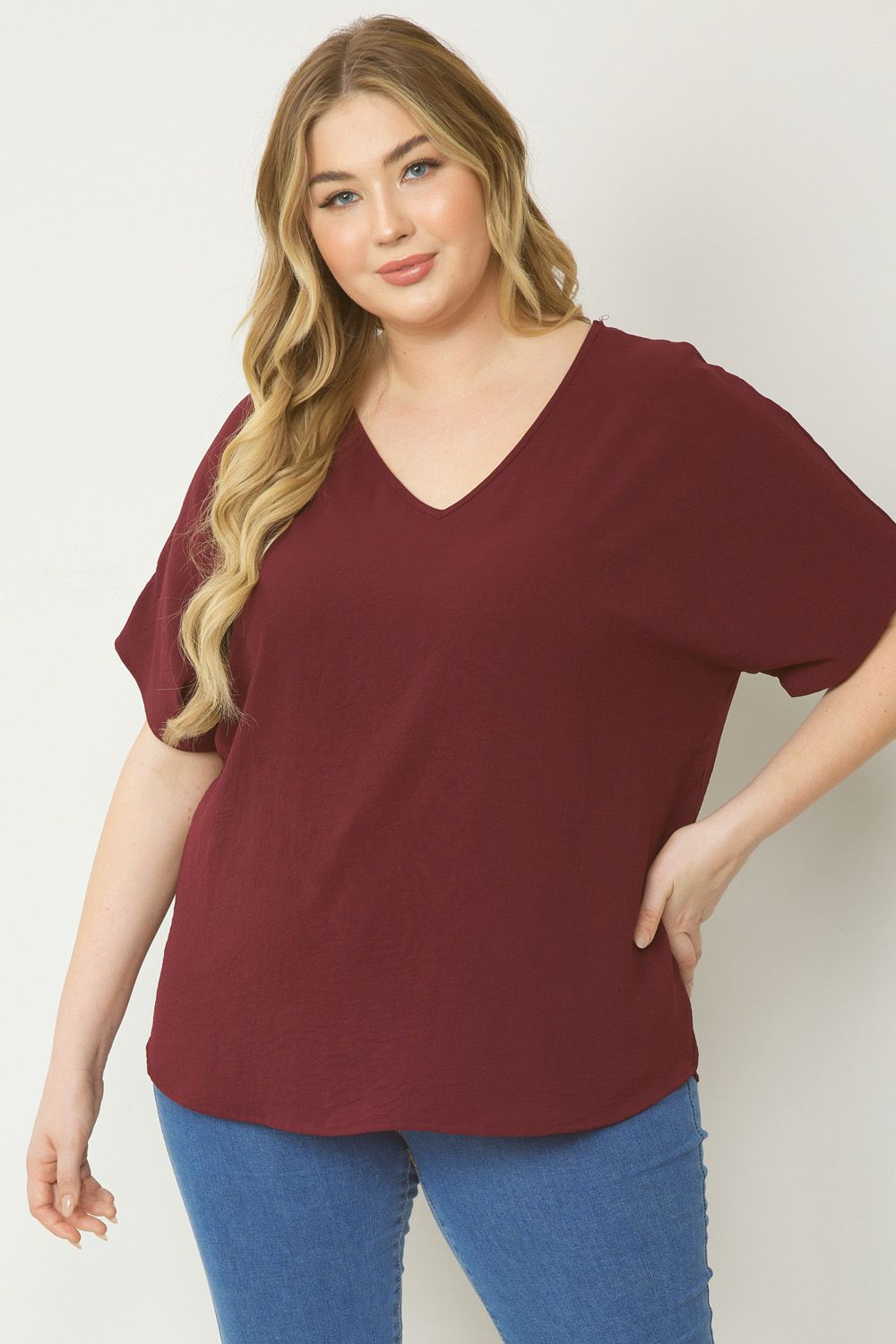 Women's burgundy basic v-neck shirt.