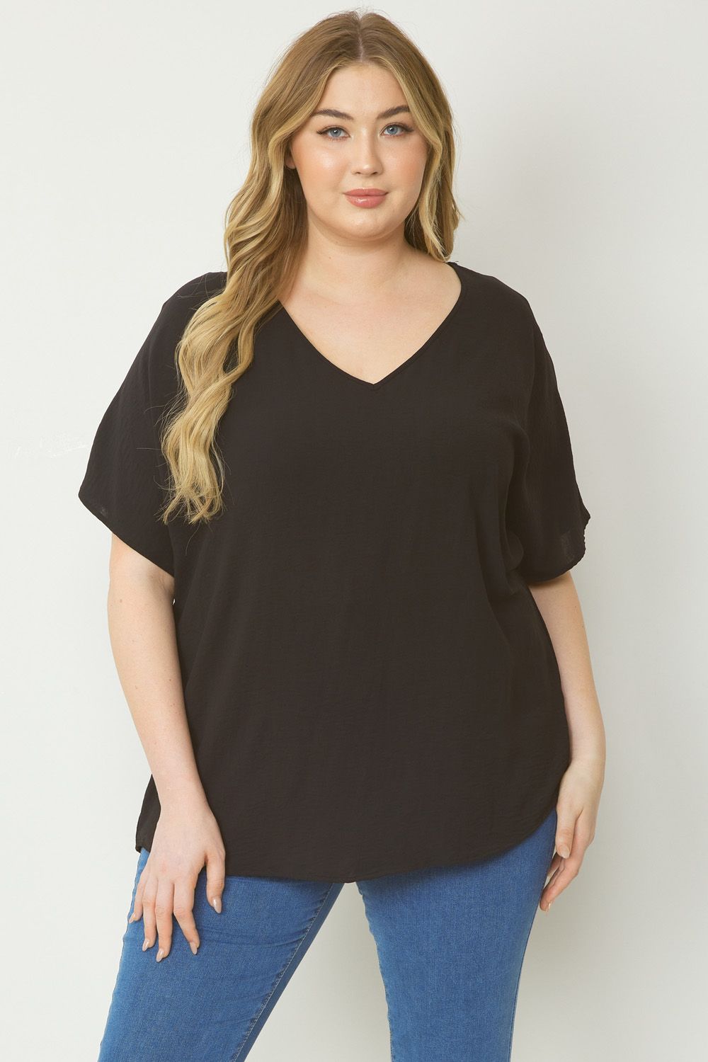 Women's black basic v-neck shirt.