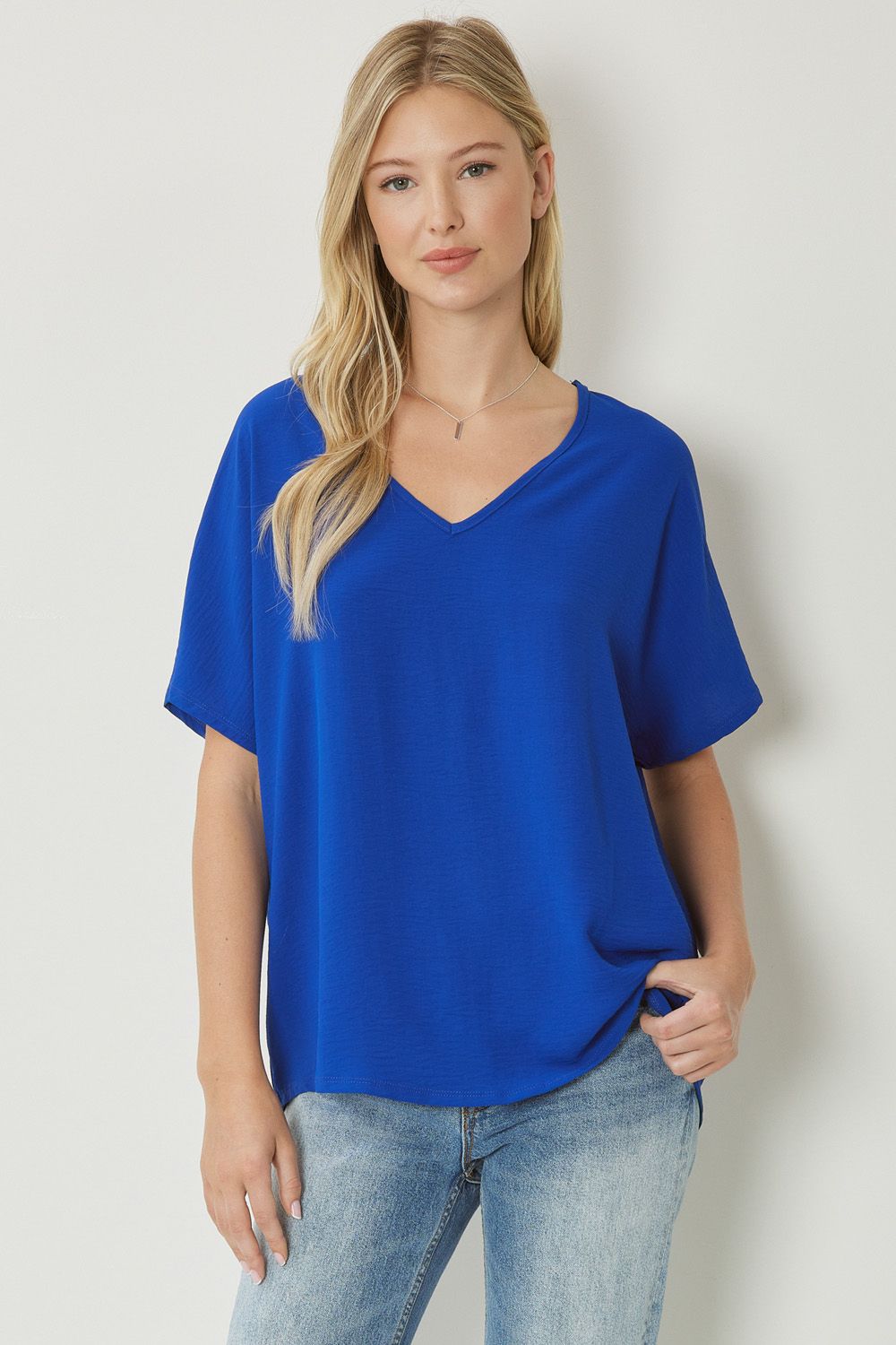 Women's royal blue basic v-neck shirt.