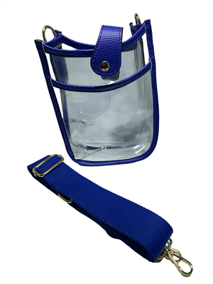 Tall Rectangle Clear Stadium Bag with royal blue strap and trim.