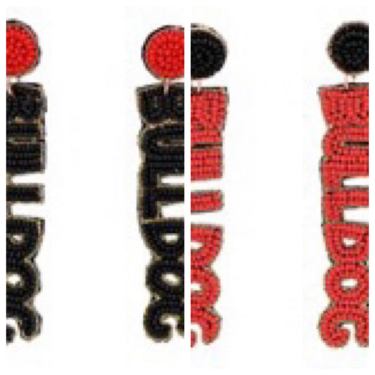 Red and black beaded "BULLDOG" earrings.