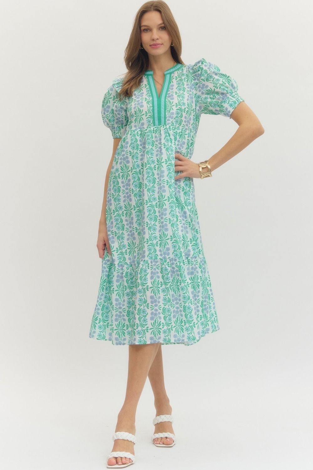 Floral print puff sleeve midi dress