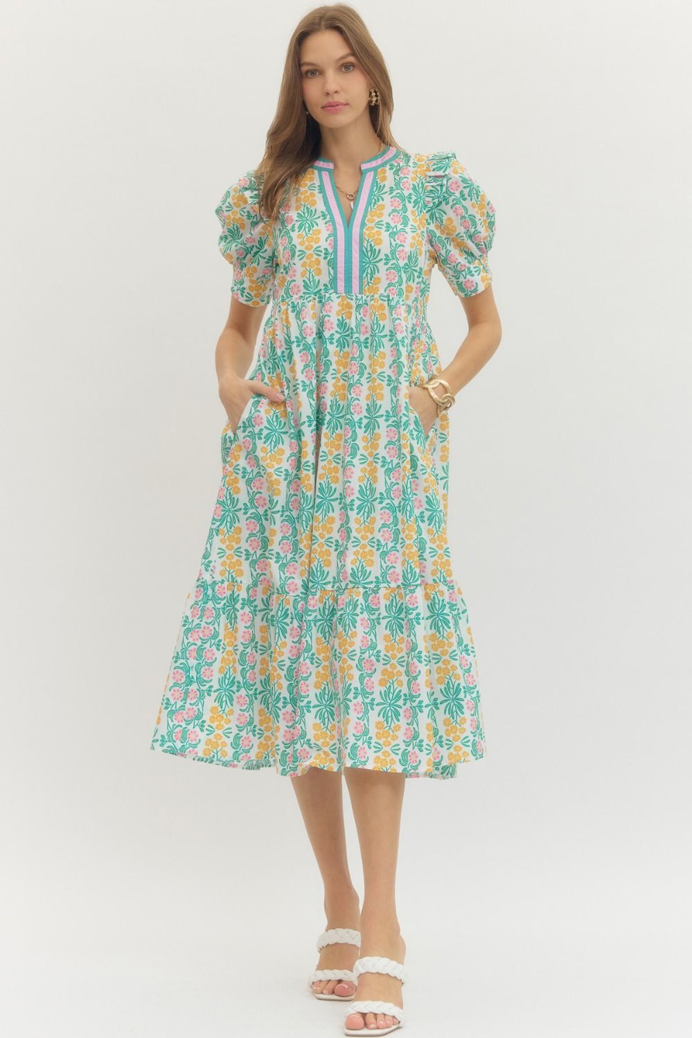 Floral print puff sleeve midi dress