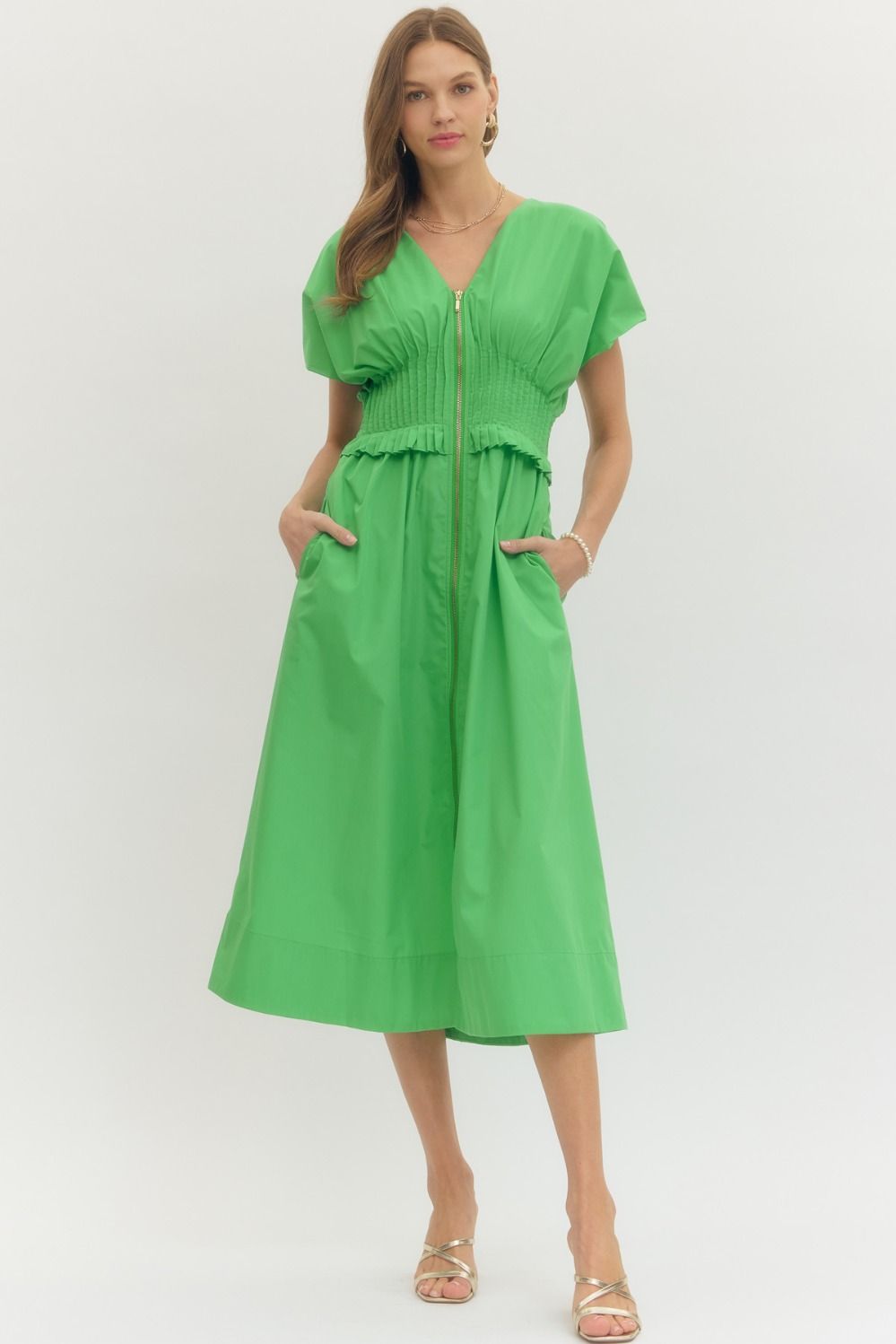 Smocked Waited Zip Midi Dress