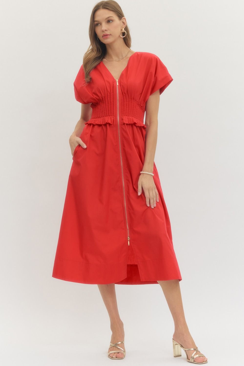Smocked Waited Zip Midi Dress
