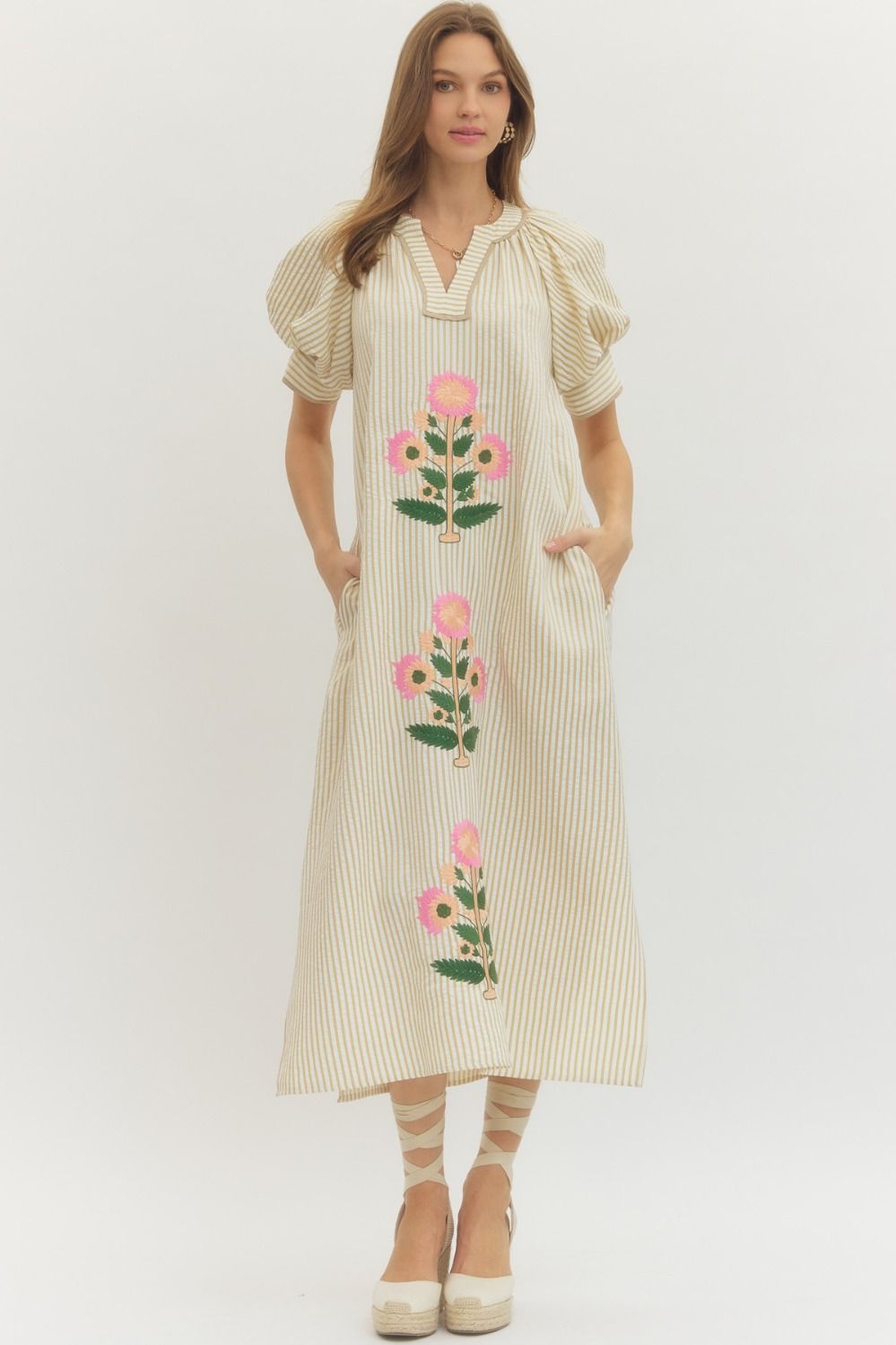 Floral Embroidery Striped Midi Dress