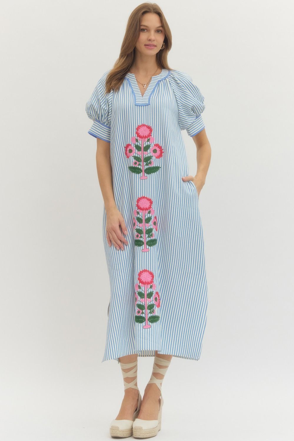 Floral Embroidery Striped Midi Dress