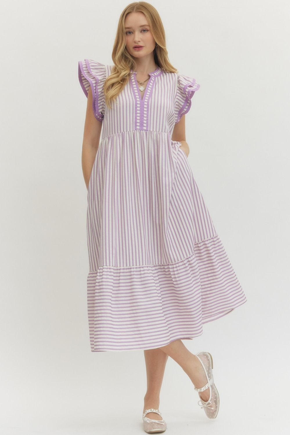 Textured stripe tiered ruffle sleeve midi