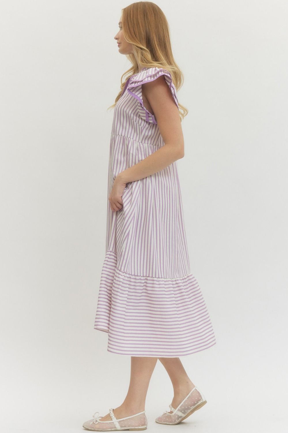 Textured stripe tiered ruffle sleeve midi