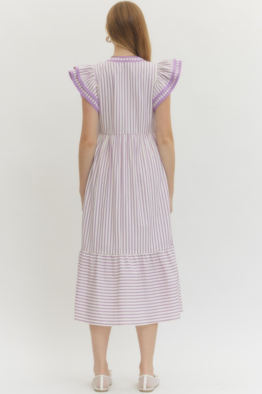 Textured stripe tiered ruffle sleeve midi