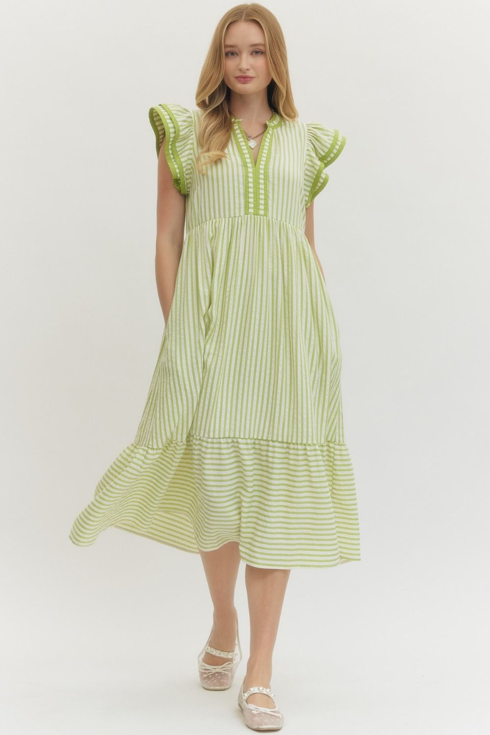 Textured stripe tiered ruffle sleeve midi