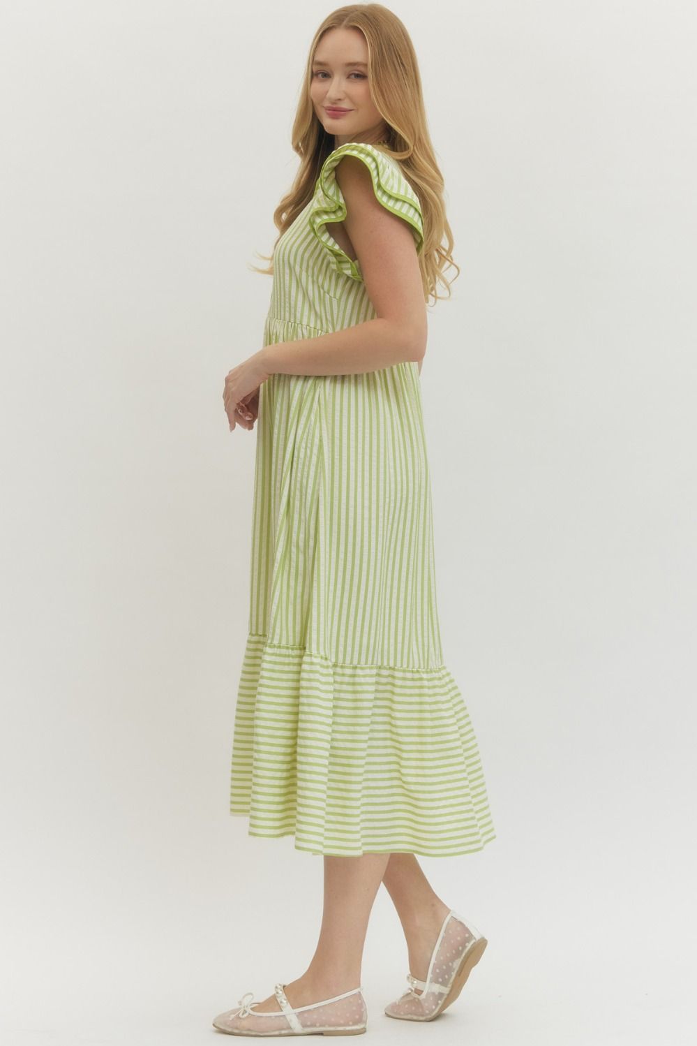 Textured stripe tiered ruffle sleeve midi