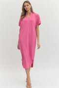 Solid short sleeve V neck midi dress