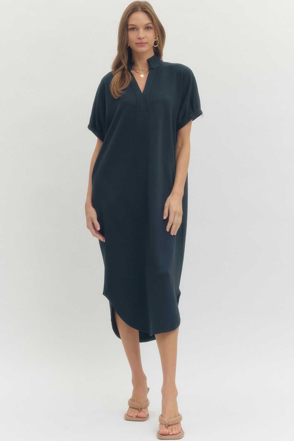 Solid short sleeve V neck midi dress