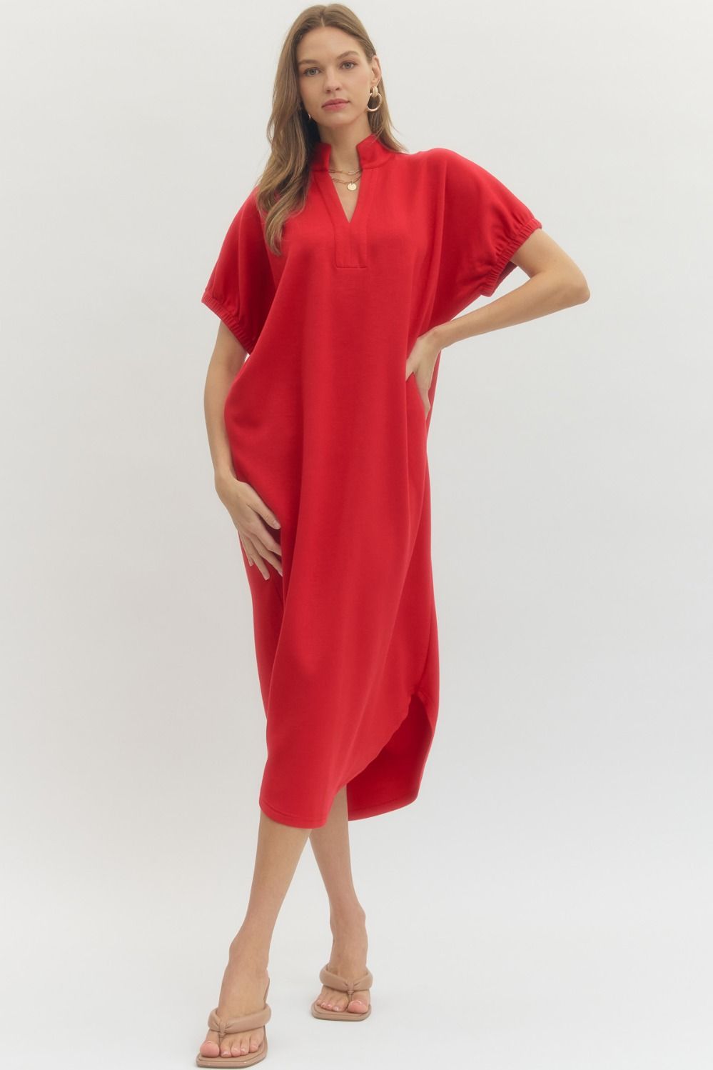 Solid short sleeve V neck midi dress