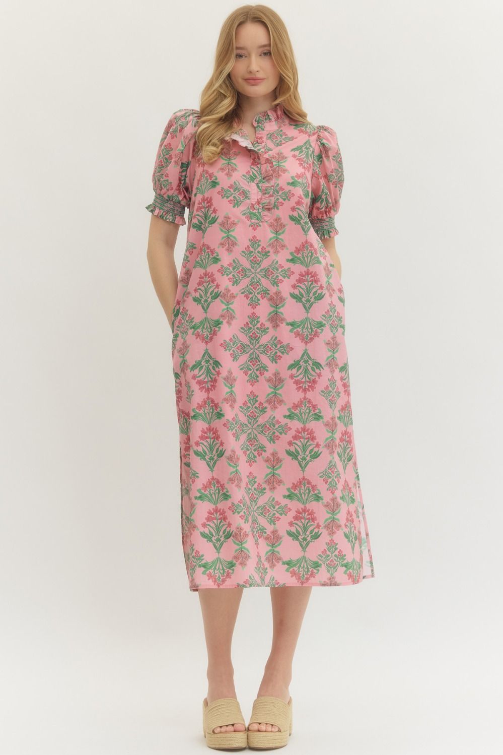 Botanical print short puff sleeve midi dress