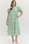 Botanical print short puff sleeve midi dress