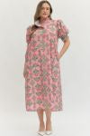 Botanical print short puff sleeve midi dress