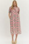 Botanical print short puff sleeve midi dress
