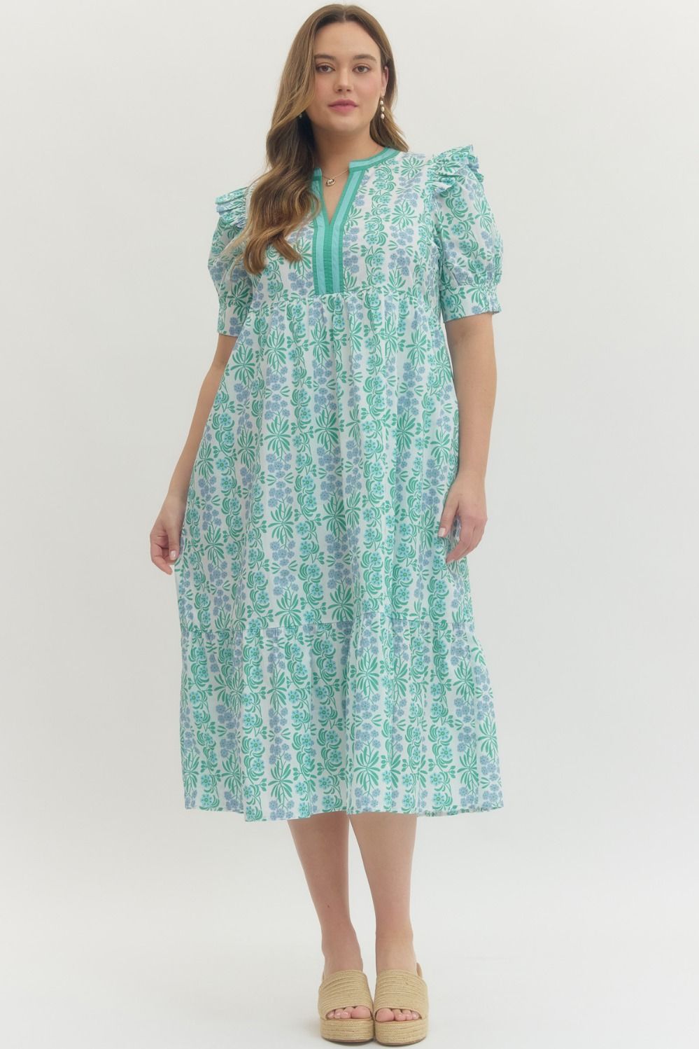 Floral print puff sleeve midi dress