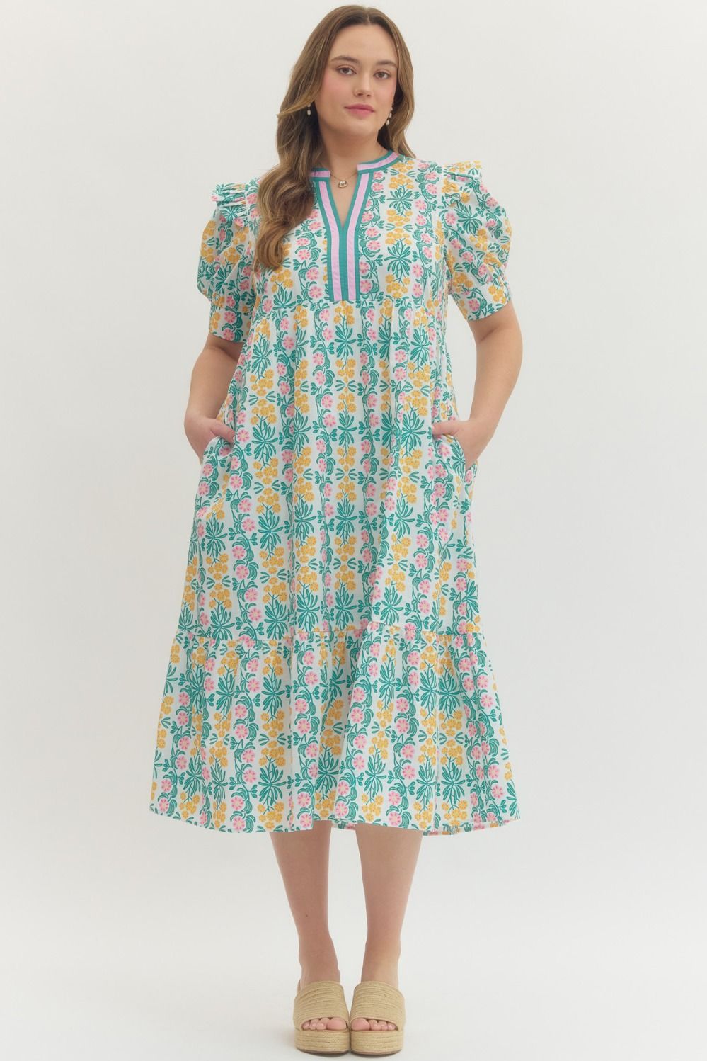 Floral print puff sleeve midi dress