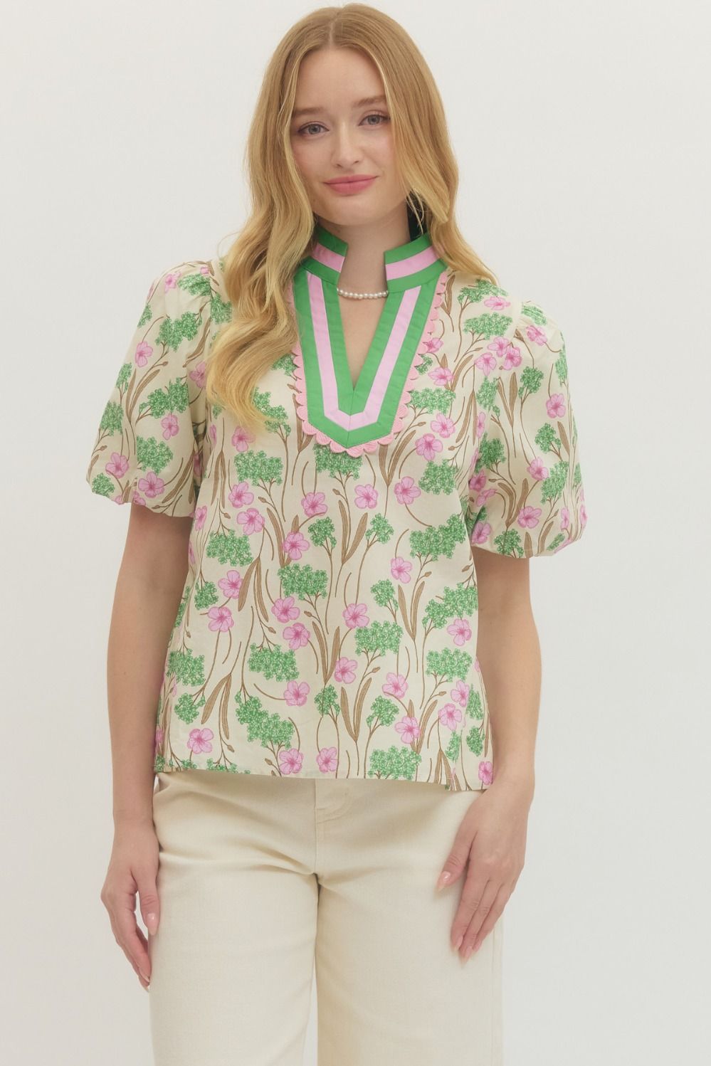 Striped Trim Puff Sleeve Top