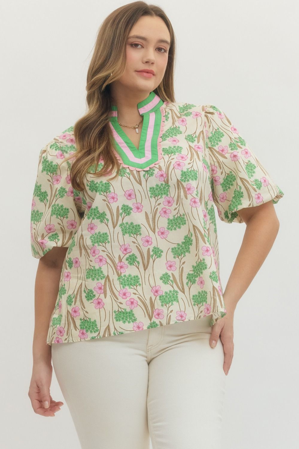 Striped Trim Puff Sleeve Top