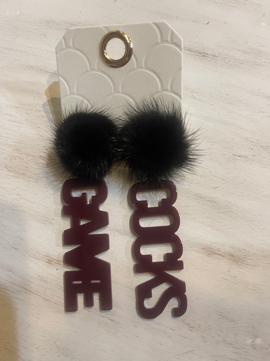 Garnet acrylic "GAME" & "COCKS" earrings with black puff stud.