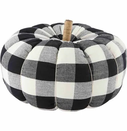 Black and white checked pumpkin with twine stem.