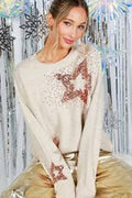 Star Sequin Accent Crew Neck Knitted Sweater Top VT82015