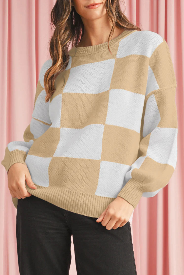 Colorblock Plaid Knit Sweater For Women
