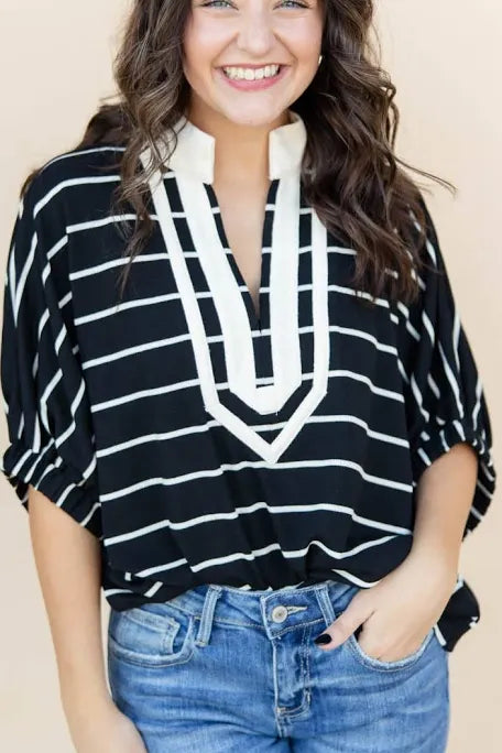 Black Striped short dolman sleeve top