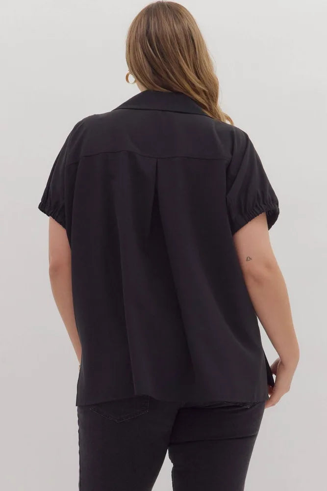 Solid short sleeve split collar side slit hem top