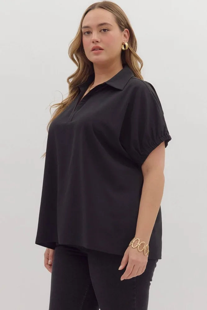 Solid short sleeve split collar side slit hem top