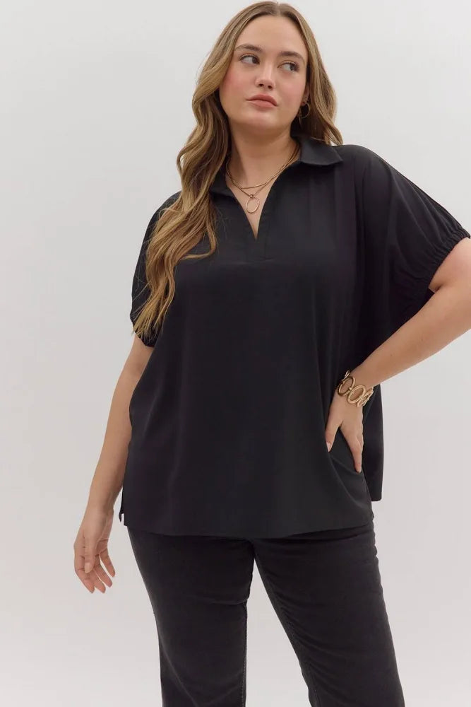 Solid short sleeve split collar side slit hem top