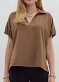 Solid short sleeve split collar side slit hem top