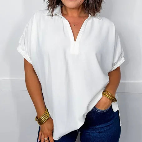 Solid short sleeve split collar side slit hem top