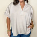 Solid short sleeve split collar side slit hem top