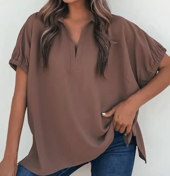 Solid short sleeve split collar side slit hem top