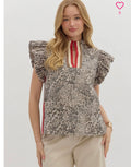 Leopard print puff flutter sleeve pullover top
