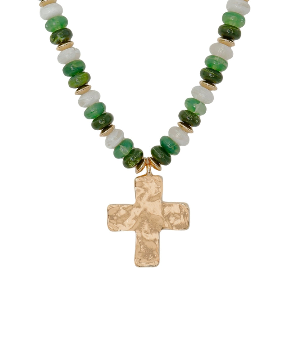 Hammered Cross Pendant Rondelle Bead Necklace