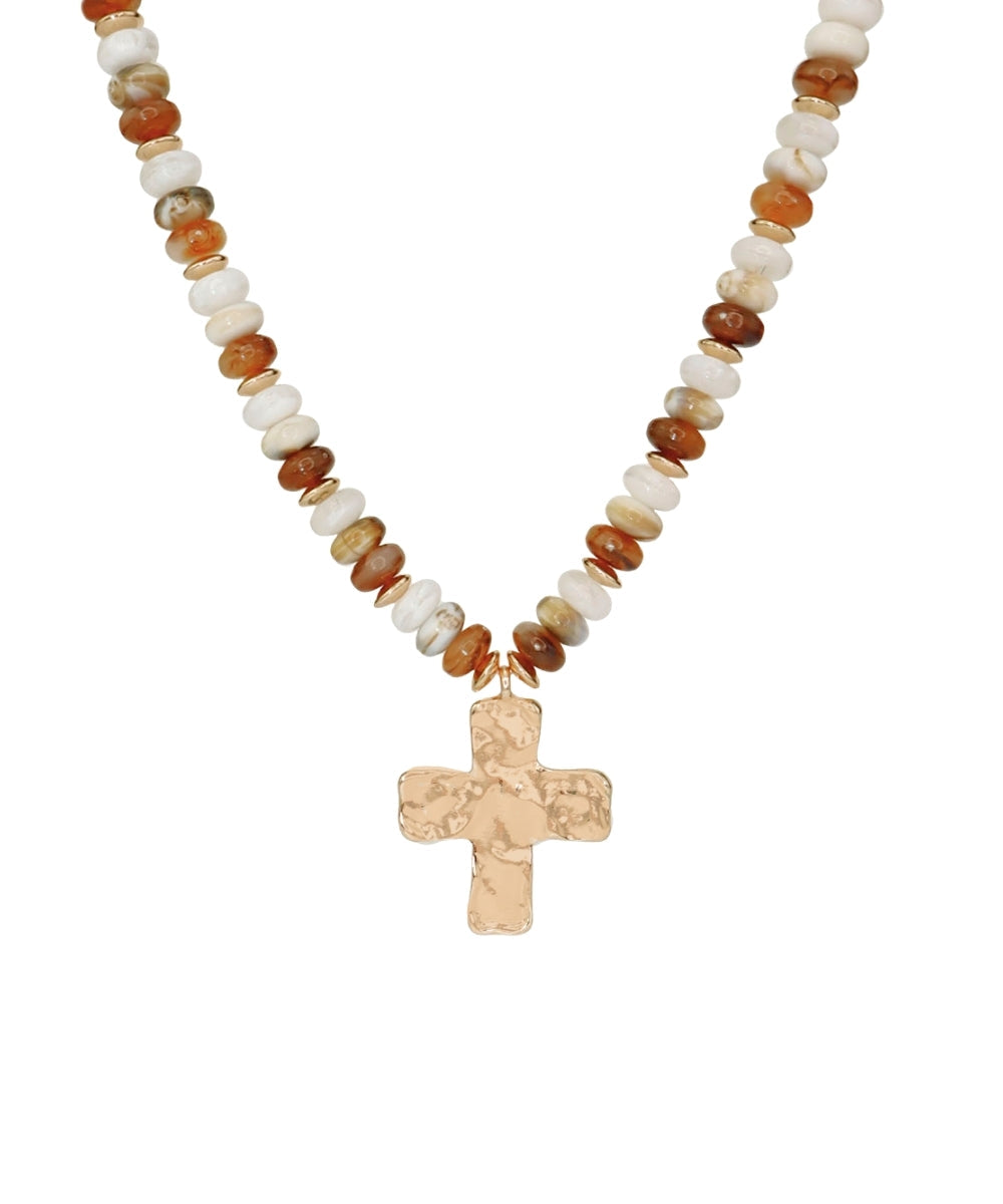 Hammered Cross Pendant Rondelle Bead Necklace