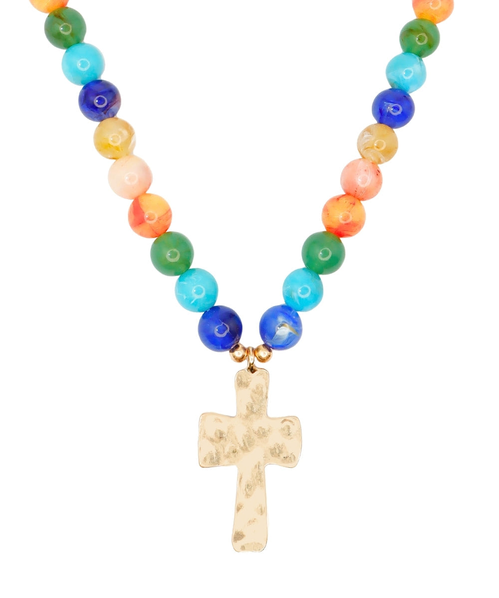Hammered Cross Pendant Bead Necklace